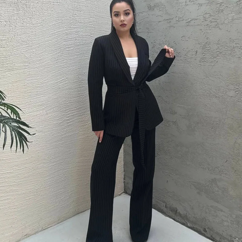 

Yimi Women's Suit 2 Pieces Shawl Lapel Single Breasted Pinstripe Jacket Waistband Evening Suit Formal Blazer Set Slim Customized