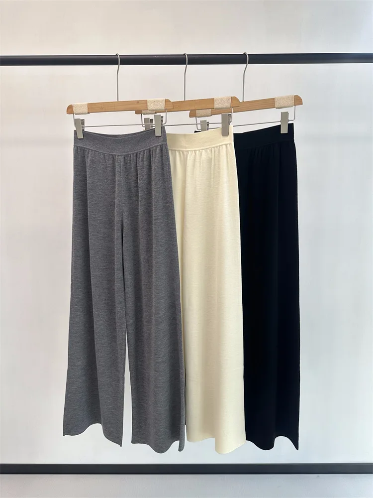 

Autumn Winter Women Wool Knitted Trousers Elastic Waist Solid Color Loose Casual Wide Leg Pants