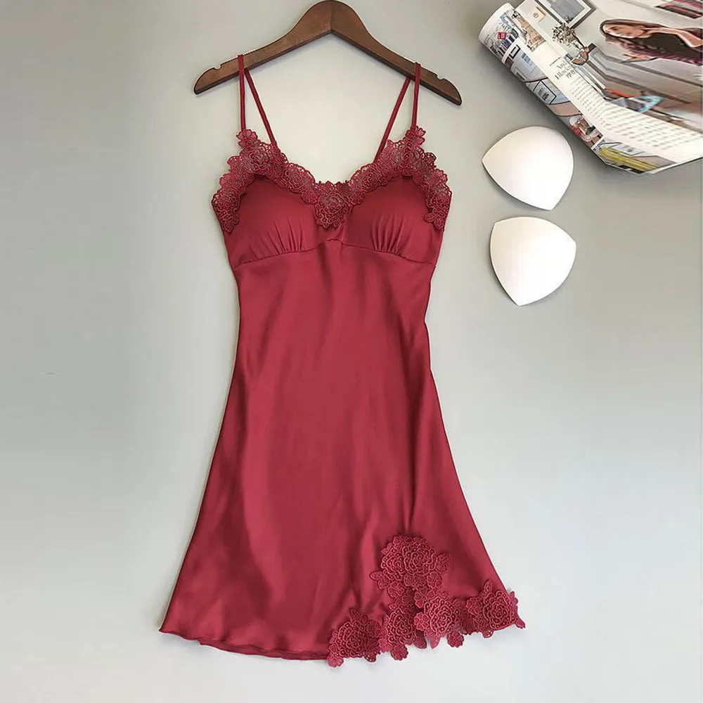 Ladies Sexy Lace Nightdress Sexy Slip Dress Sexy Solid Color Sexy Dress Sexy V-Neck Pajamas Mat Lace Underwear Nightgown