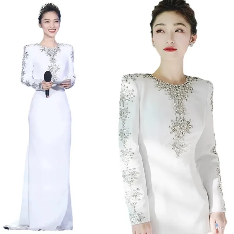 Design de luxo formal vestido de festa branco prata cristal vestidos de noite de casamento mangas compridas trompete sereia senhora vestidos de noite