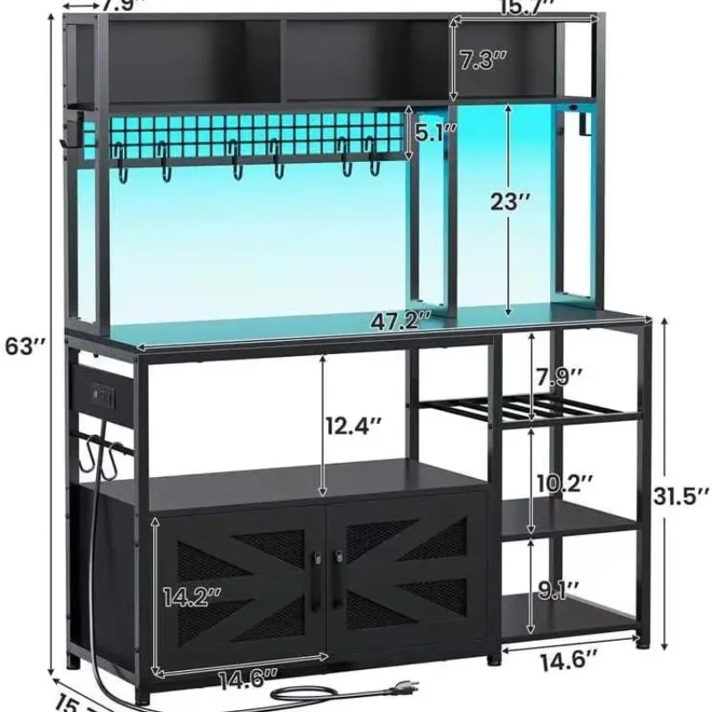 47.2 Inch Bakers Rack with Power Outlet, Microwave Stand with Storage, Farmhouse Coffee Bar Cabinet Station with Wine Rack