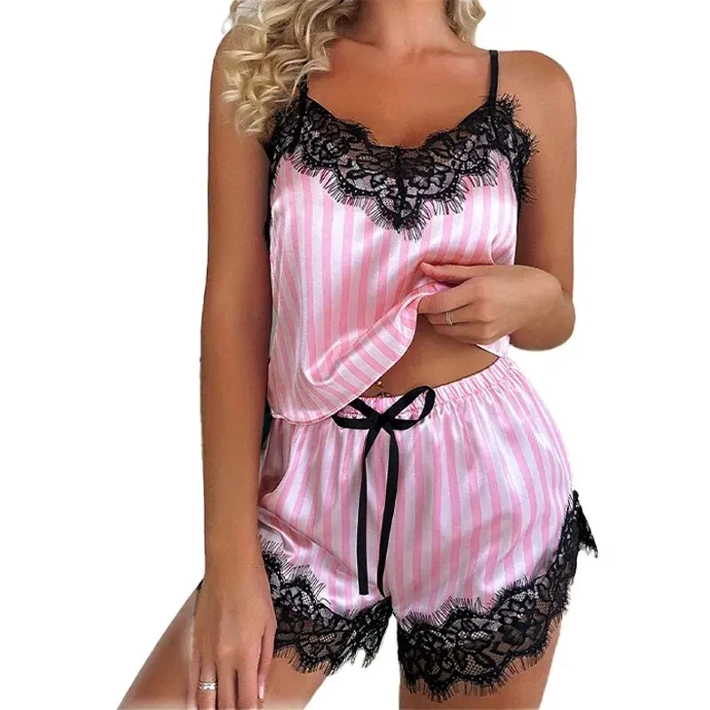 Conjunto de Pijama de Dos Piezas para Mujer, con Tirantes de Encaje, Cuello en V, Sexy, Casual, sin Mangas