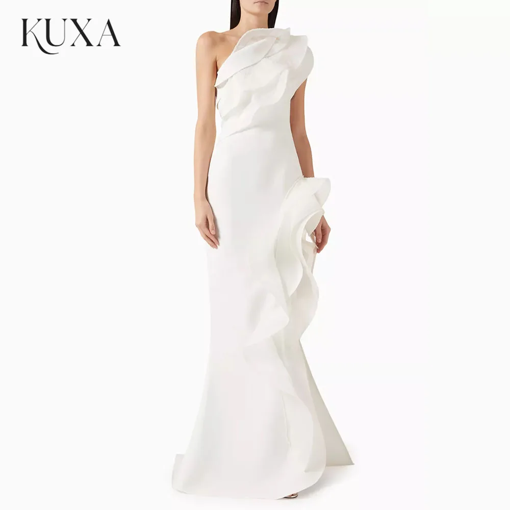 KUXA One Shoulder Ruffle Mermaid Wedding Dress Satin Long Train Bridal Gown Customized Elegant Reception Bride Dress 2027
