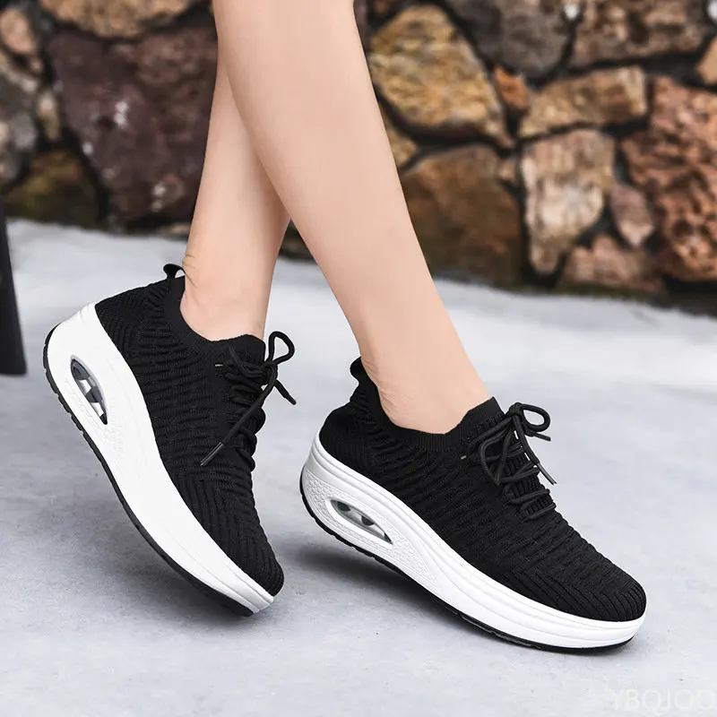 Fashion Breathable Air Mesh Women Shoes Wedges Heel Shoes Ladies Knitting Sock Sneakers Women Platform Casual Shoes