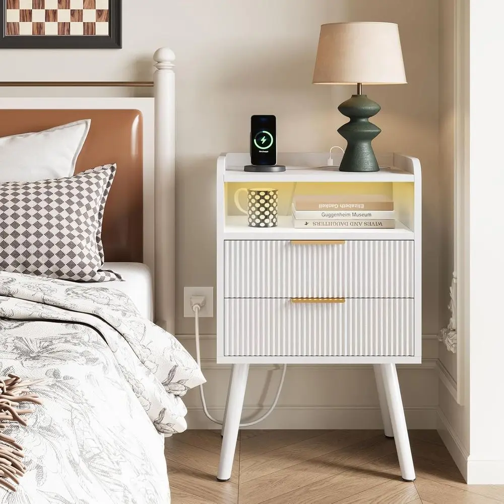 Table de chevet LED moderne avec station de recharge et 2 tiroirs pour chambre à coucher, 15,7 x 11,8 x 25,6 pouces