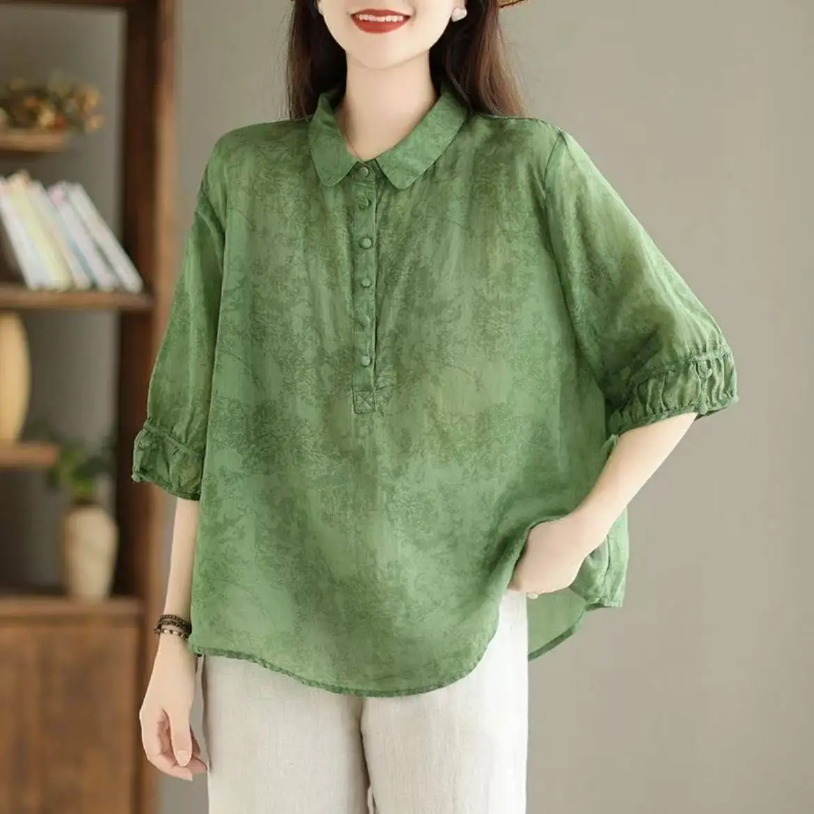 Camisa con solapa estampada a la moda, camisa Retro de manga media para mujer de estilo extranjero, camisa fina y fina