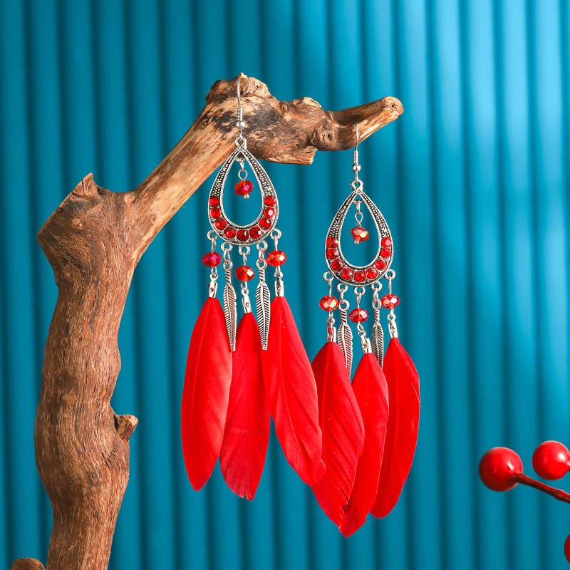 New Vintage Rhinestone Feather Tassel Earrings Ethnic Long Beads Alloy Leaf Earrings Bijoux Femme Wedding Boheme