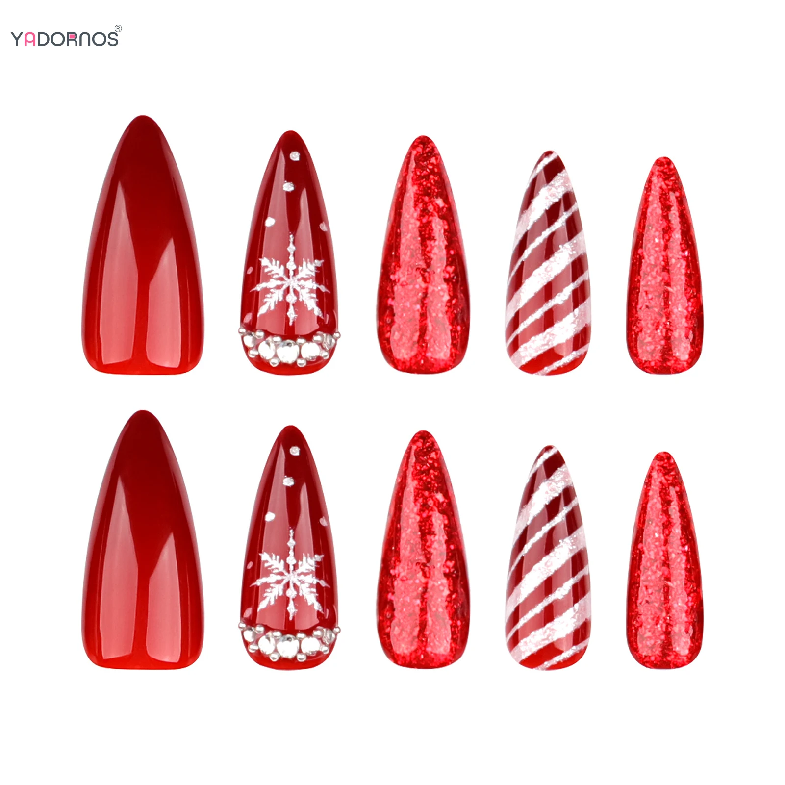 24szt Candy Stripe Fałszywe Paznokcie Na Boże Narodzenie Impreza Biały Płatek Śniegu Flash Diamond Red Sequins Press On Nail Long Almond Fake Nai