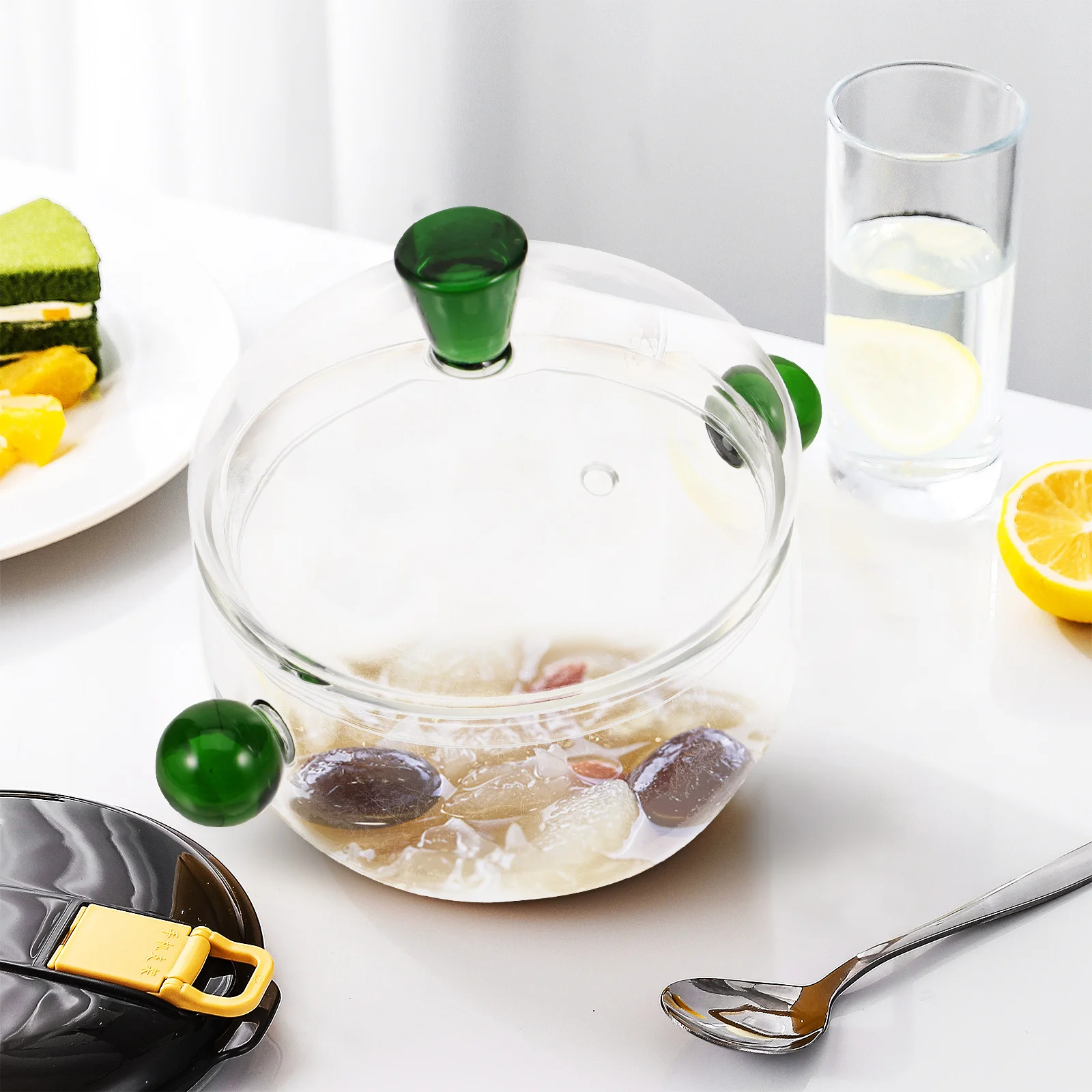 

Glass Stew Bowl Double Handles 350ml Clear Soup Pot Kitchen Supplies Cooking Pot with Lid for Home Restaurant Gift