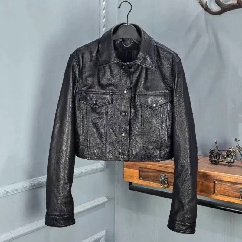 

Весна 2026: Женская модная кожаная куртка-косуха с воротником-стойкой, утепленная овчиной, с длинными рукавами, в европейском стиле