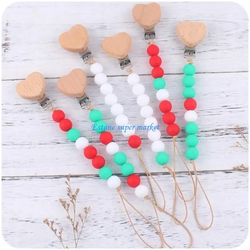 090B Anti-drop Pacifier Clip Silicone Bead Baby Teether Clip Heart Hanging Chip