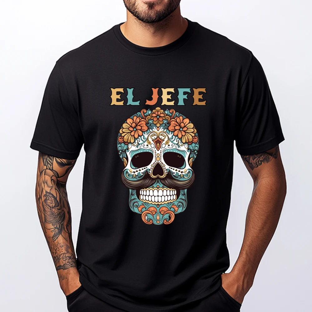 

El Jefe Sugar Skull Men Dia De Los Muertos Latino Mens Designer Clothes SOFT Streetwear Men Man Tops Tees