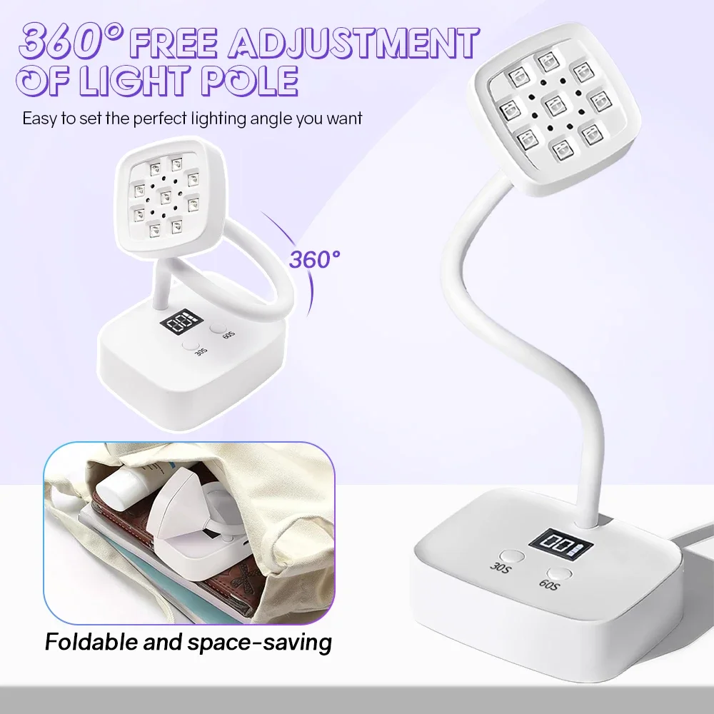 Portable Desktop Nail Lamp 27W Nail Dryer UV Lamp 360° Bendable Fast Drying False Nail Manicure Polish Glue Gel Curing Nail Tool