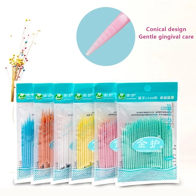 Hilo Dental Interdental de un solo cabezal, cepillo de palillo de dientes, palillo de dientes, palillos de dientes para el cuidado bucal, 100 unids/lote por paquete