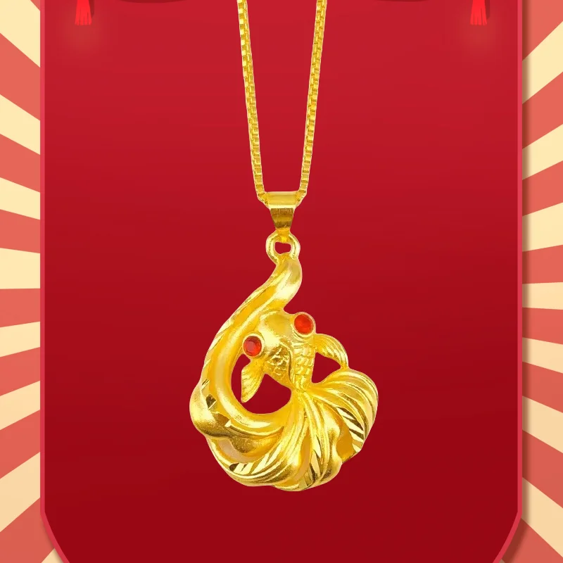 

9999 Real Gold Women's goldfish pendant, Japanese and Korean fashion gold version rich goldfish collarbone necklace