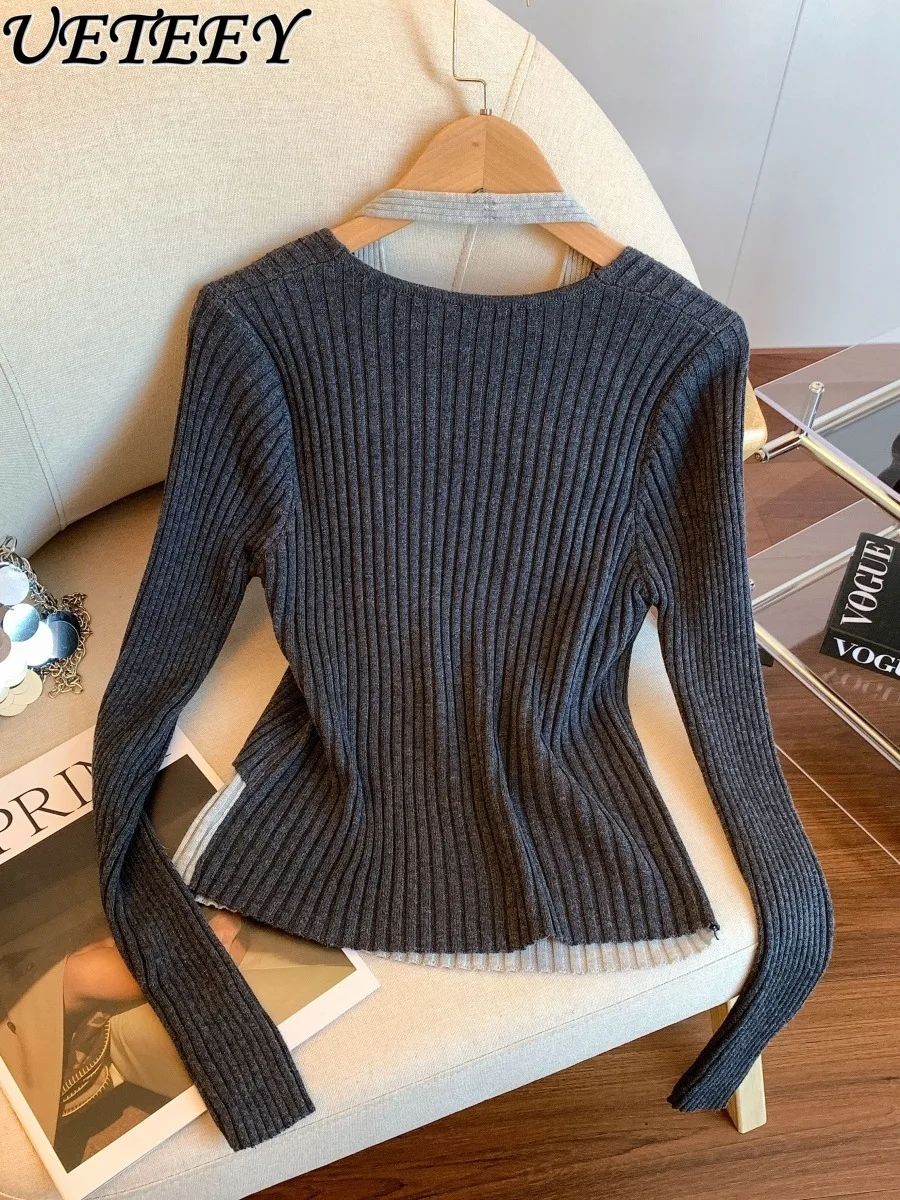 Retro Fake Two-Piece Halter Neck Long Sleeve Knitted Sweater for Women Autumn New Design Sense Waist-Cinching Slimming Top