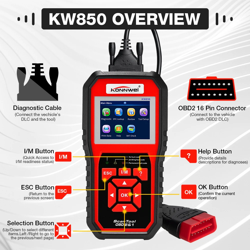 KONNWEI KW850 Car OBD2 Scanner Professional Car Diagnostic Scanner Tools Check Engine Automotive Battery Check