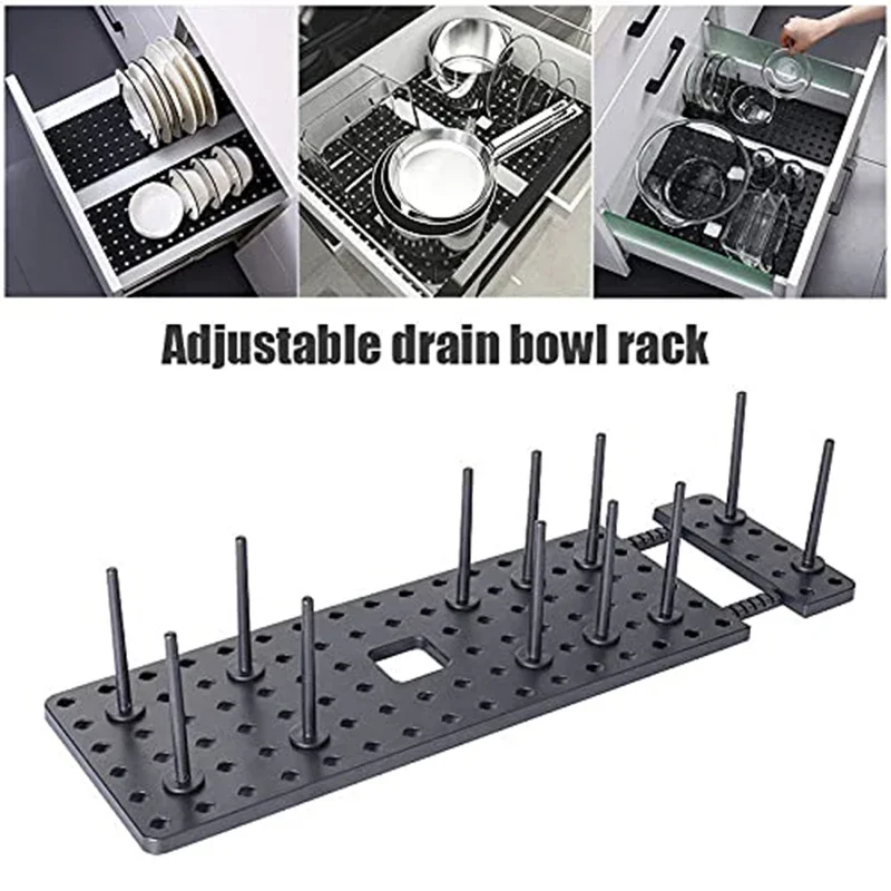 Drawer Organizer Expandable Kitchen Storage Rack Staple Board With Non-Slip Bottom And 12 Pegs Telescopic Plates Storage Board