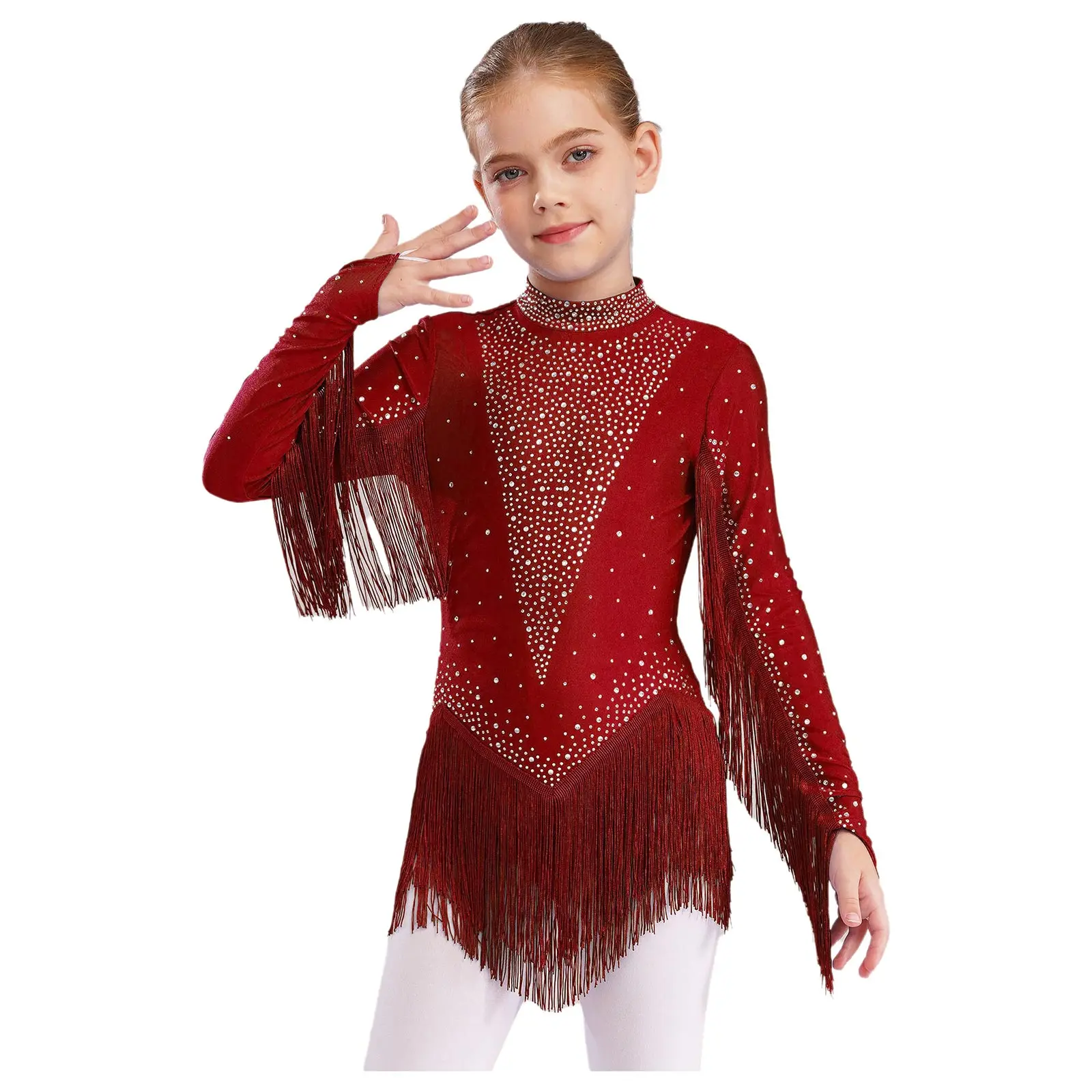 

Kids Girls Tassels Latin Dance Performance Tassel Leotard Long Sleeve Sparkling Rhinestones Fringe Latin Cha-cha Samba Bodysuit