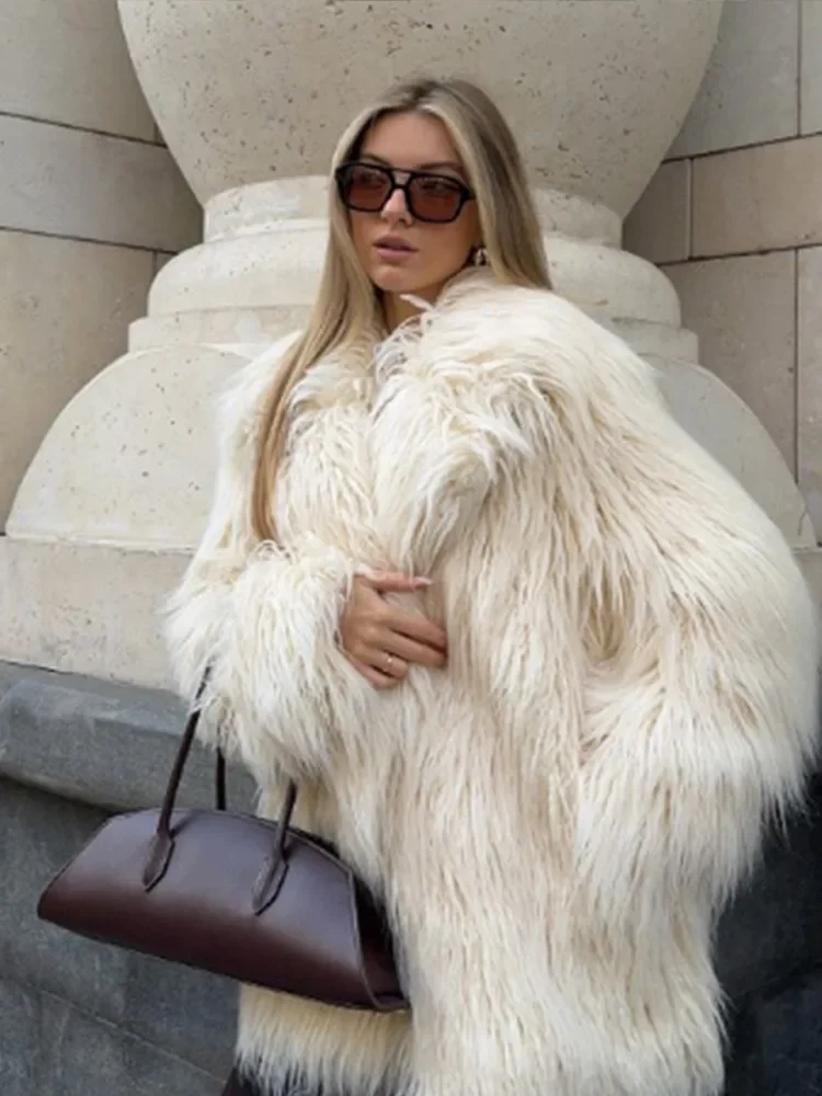 2024 White Elegant Warm Long Faux Fur Coat Fashion Lady Solid Color Full Sleeves Jacket 2024 Winter Woman High Street Outerwear