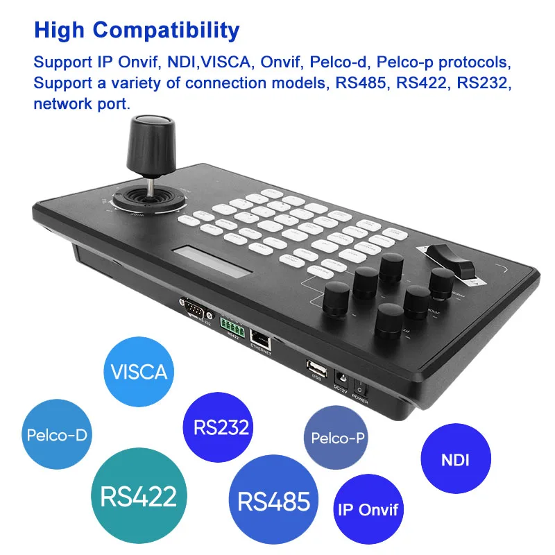 PTZ pengontrol Joystick kamera mendukung RS422 RS485 RS232, layar LCD dan pengontrol Keyboard kamera IP untuk kamera POE NDI PTZ