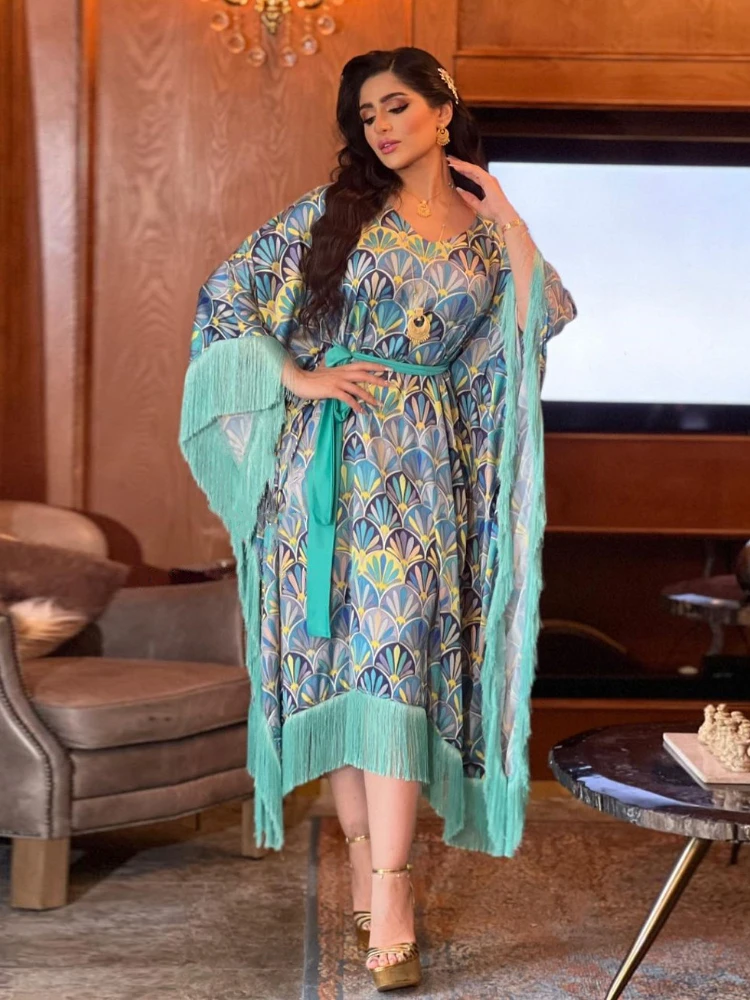 Morocco Party Dress Muslim Women Abaya Tassel Caftan Batwing Sleeve Robe India Abayas Dubai Turkey Longue Vestidos Largos 2022