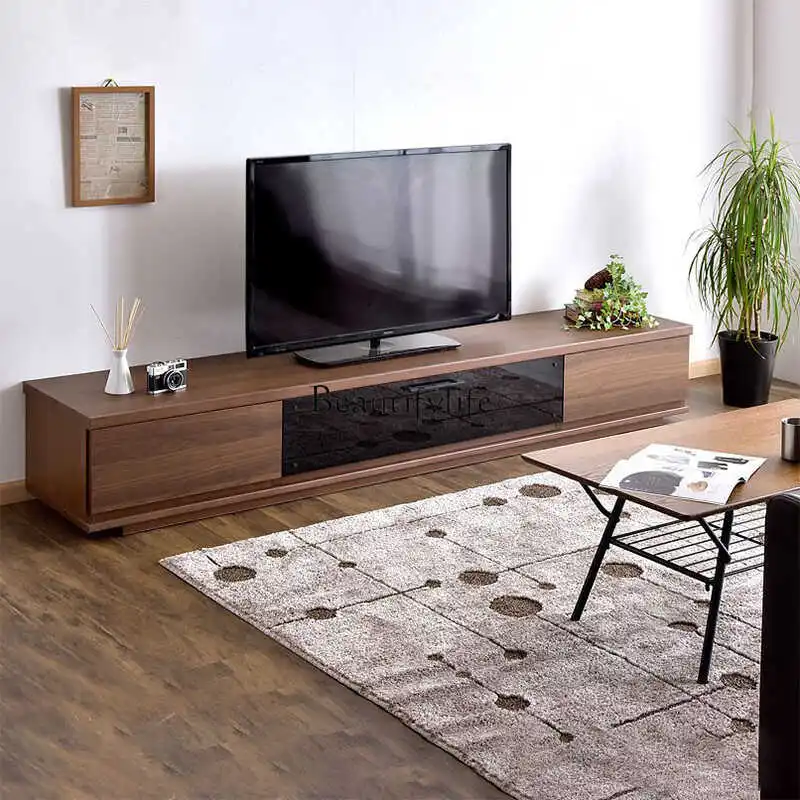 Black walnut TV cabinet Nordic simple white oak glass audio-visual cabinet