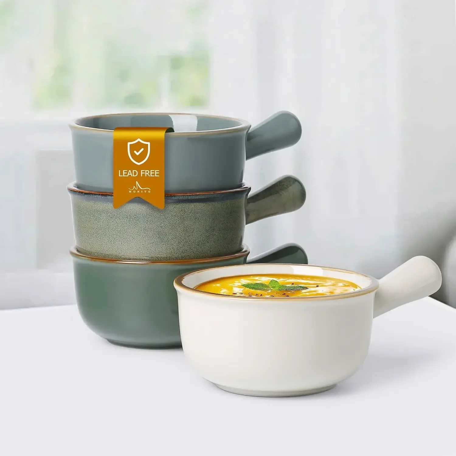 Bols à soupe aux oignons français de 16 oz, bols à soupe en céramique avec poignées, casseroles à soupe empilables, résistantes au four pour chili, ragoût de bœuf, céréales, casseroles, compatibles micro-ondes et lave-vaisselle, lot de 4