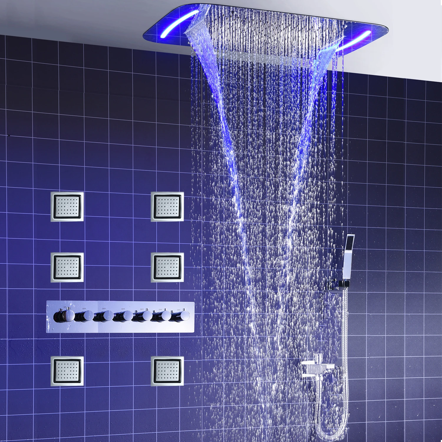 

Luxury Type Ceiling Mounted 430X710mm Shower Head Panel Constant Temperature Mixer Valve LED Shower Faucet SPA Massage Side Jets