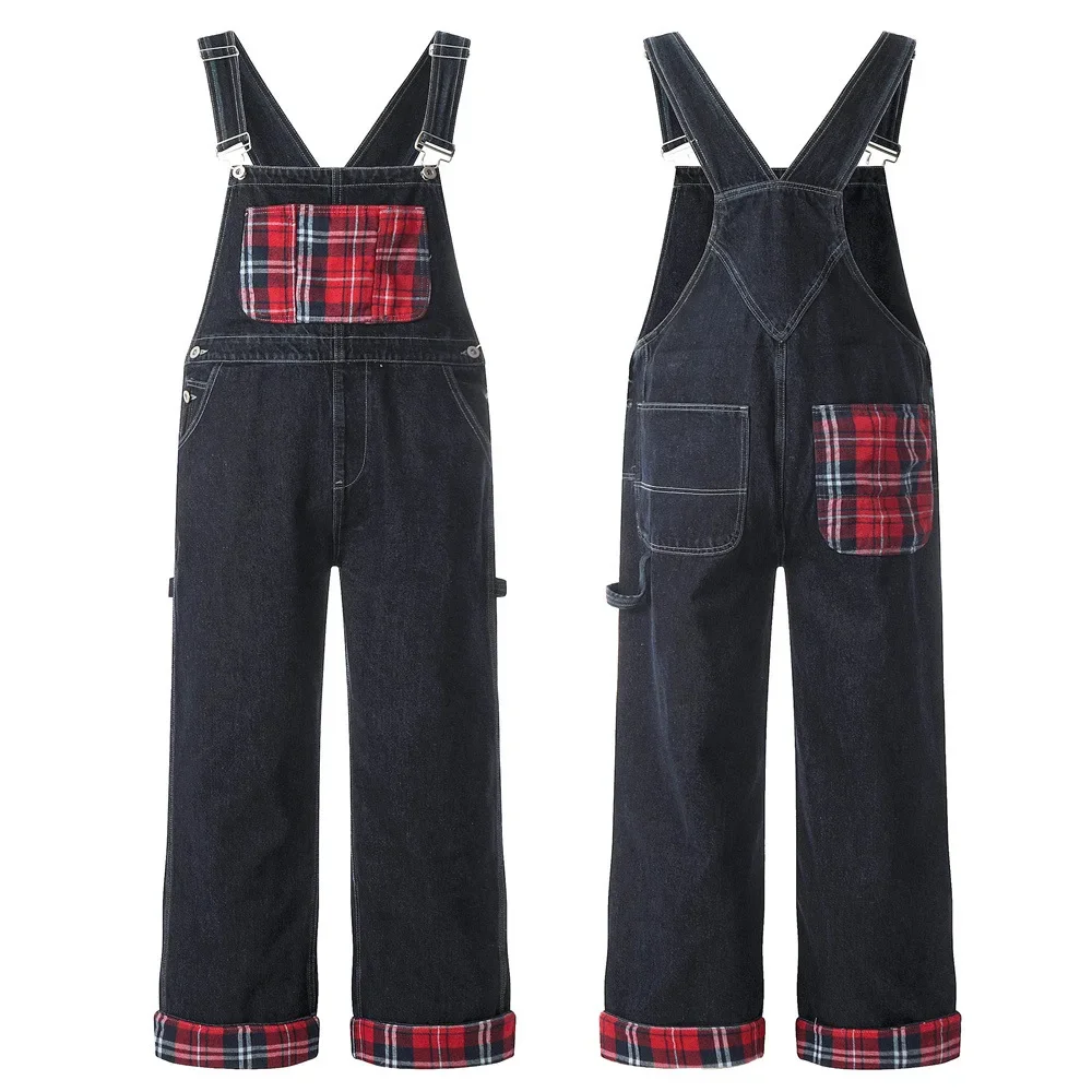 Men's Plaid Spliced Denim Suspender Pants, Fashionable One-piece Workwear Straight-leg Long Pants with Turned-up Cuffs.