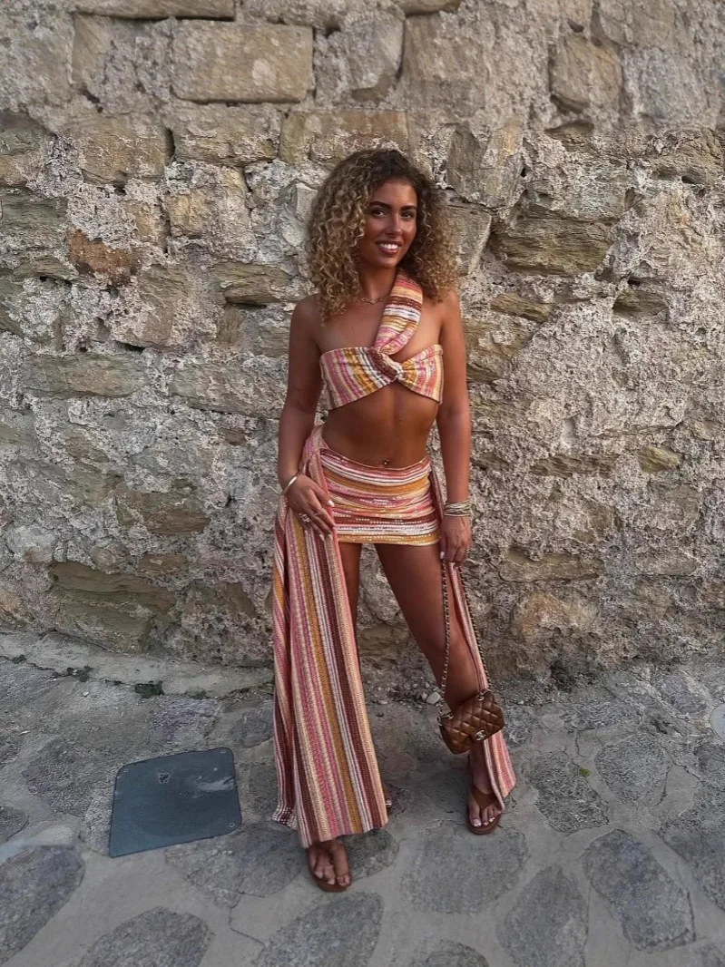 Sexy Beach Colorful Skirt Women Set Knit Sequin One Shoulder Crop Top Draped Mini Skirts Slim Bodycon 2 Pieces Sets Lady Outfits
