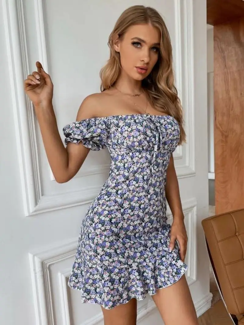 Floral Off Shoulder Knotted Ruffle Hem Dress