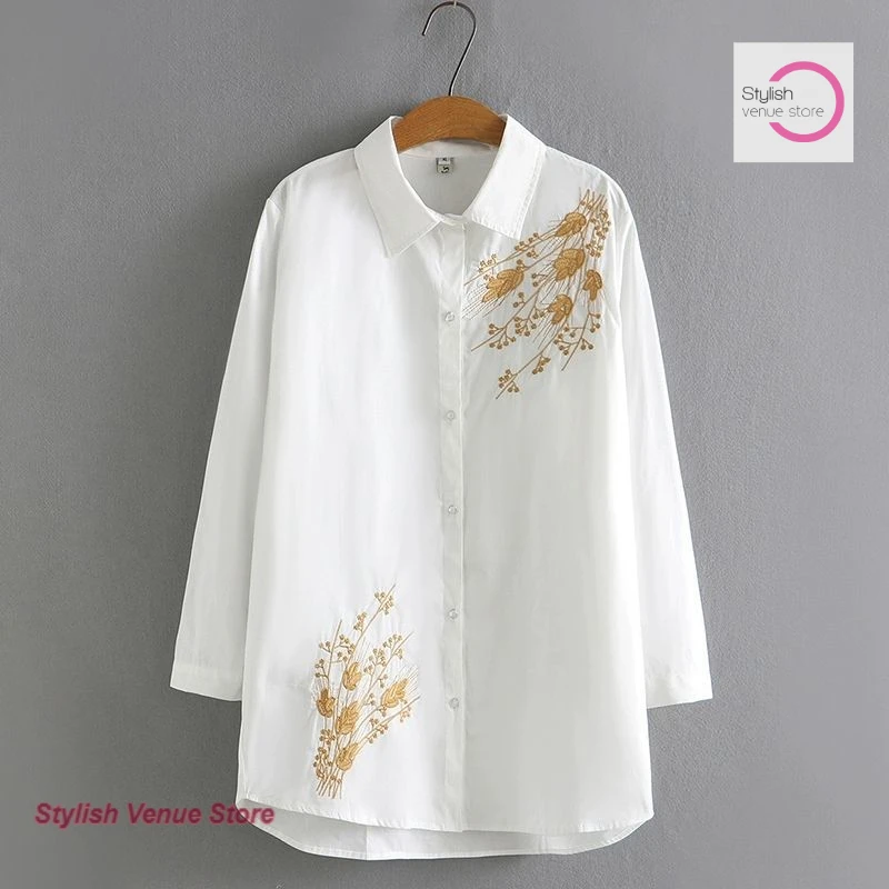 Bordado japonês primavera e outono roupas nova mãe de meia-idade longa camisa branca manga longa feminina casual coringa camisa