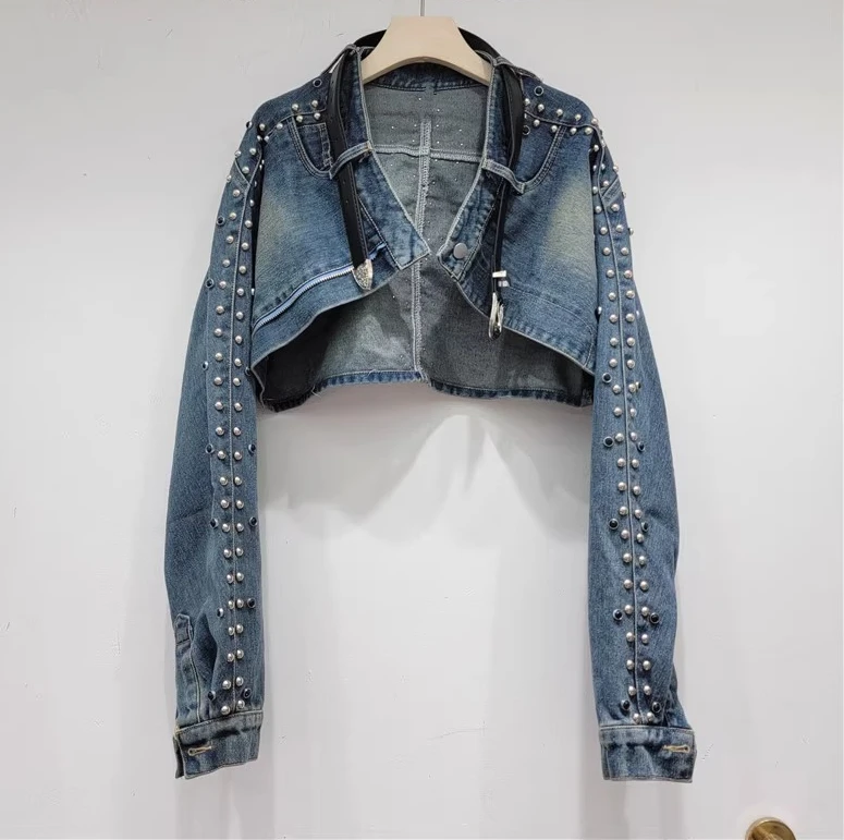 Turn-down Collar Long Sleeve Heavy Industry Bead Sweet Cool Denim Shawl Girl Versatile Short Loose Sexy Street Blouse Jacket