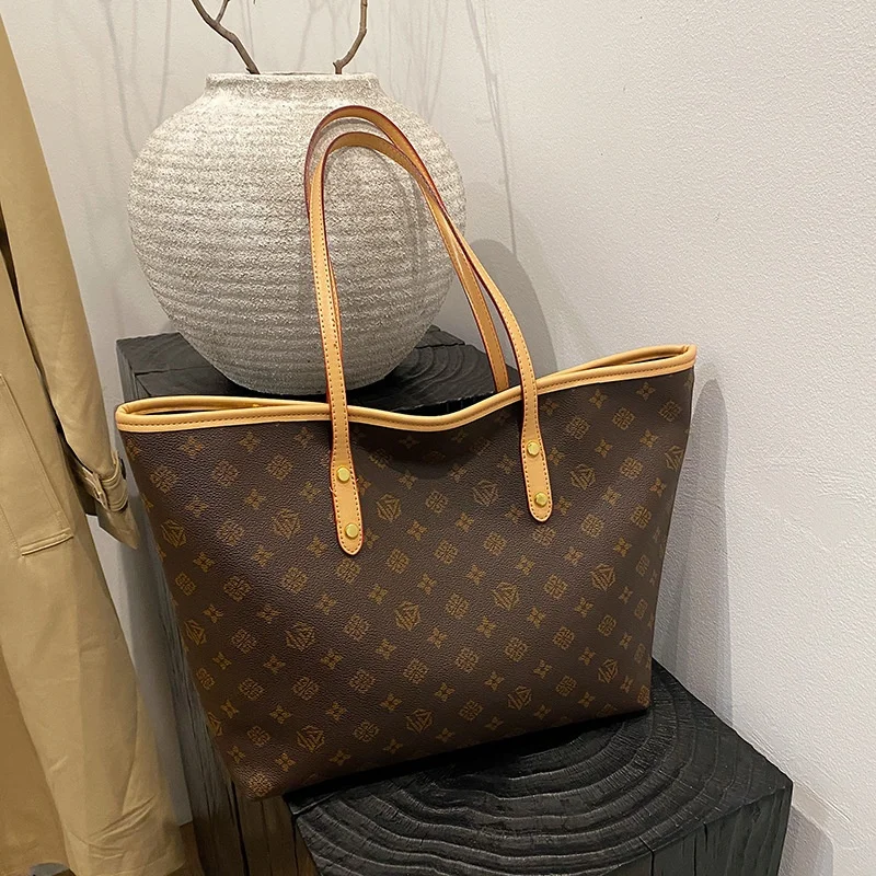 Vintage Printed Large Capacity Tote Bag Women Commute Shoulder Handbag Shopping Bag