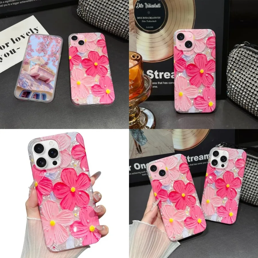 

for iPhone 13 Pro Max Case Women Trendy Girly Aesthetic Cute Floral Flowers Luxury Sparkle Silicone with Charms Phone Strap Lan