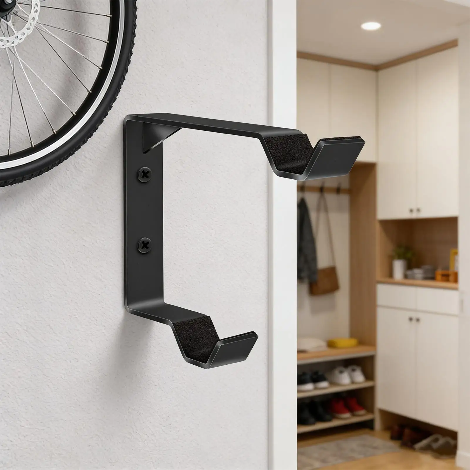 1 Stück vertikaler Fahrradhaken mit Reifenablage, robuste Wandhalterung aus Stahl, zur Organisation von Ersatzreifen für Zuhause, Garage, Keller, Ordnung und Sauberkeit – Detail 8