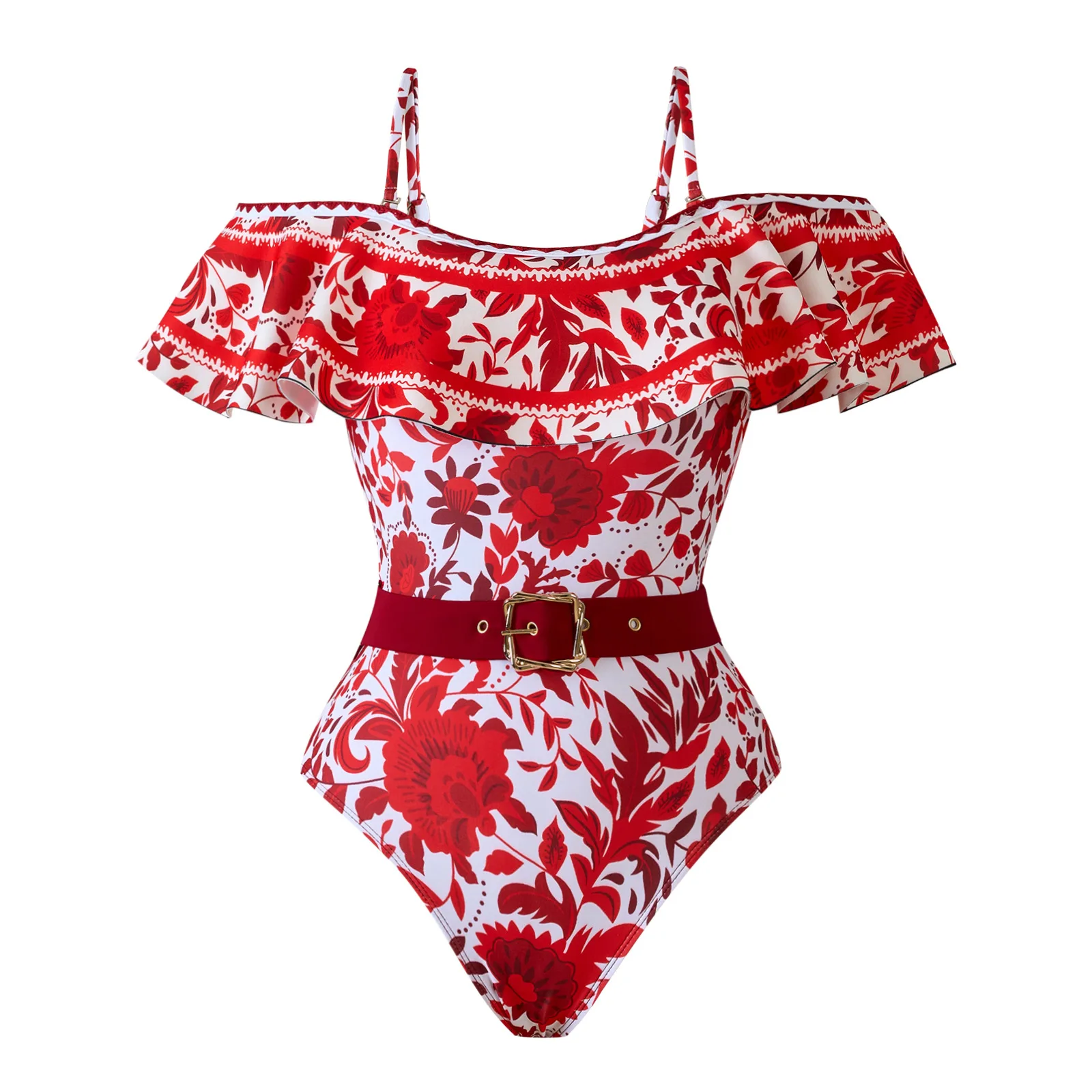 One-piece Women Swimwear Red Floral Print Swimsuit Bodysuit Bikini Set Beach Vacation  Style Wear Maxi Dress Skirt