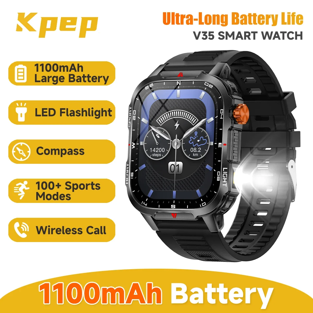KPEP Мужские спортивные умные часы 1100 мАч Смарт-часы с большой