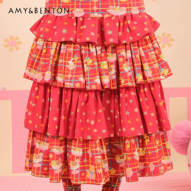 

Original Design Women's Clothing 2025 Autumn New Two-tone Grid Splicing Layered Lolita Cute Versatile Sweet Long Skirts Ladies