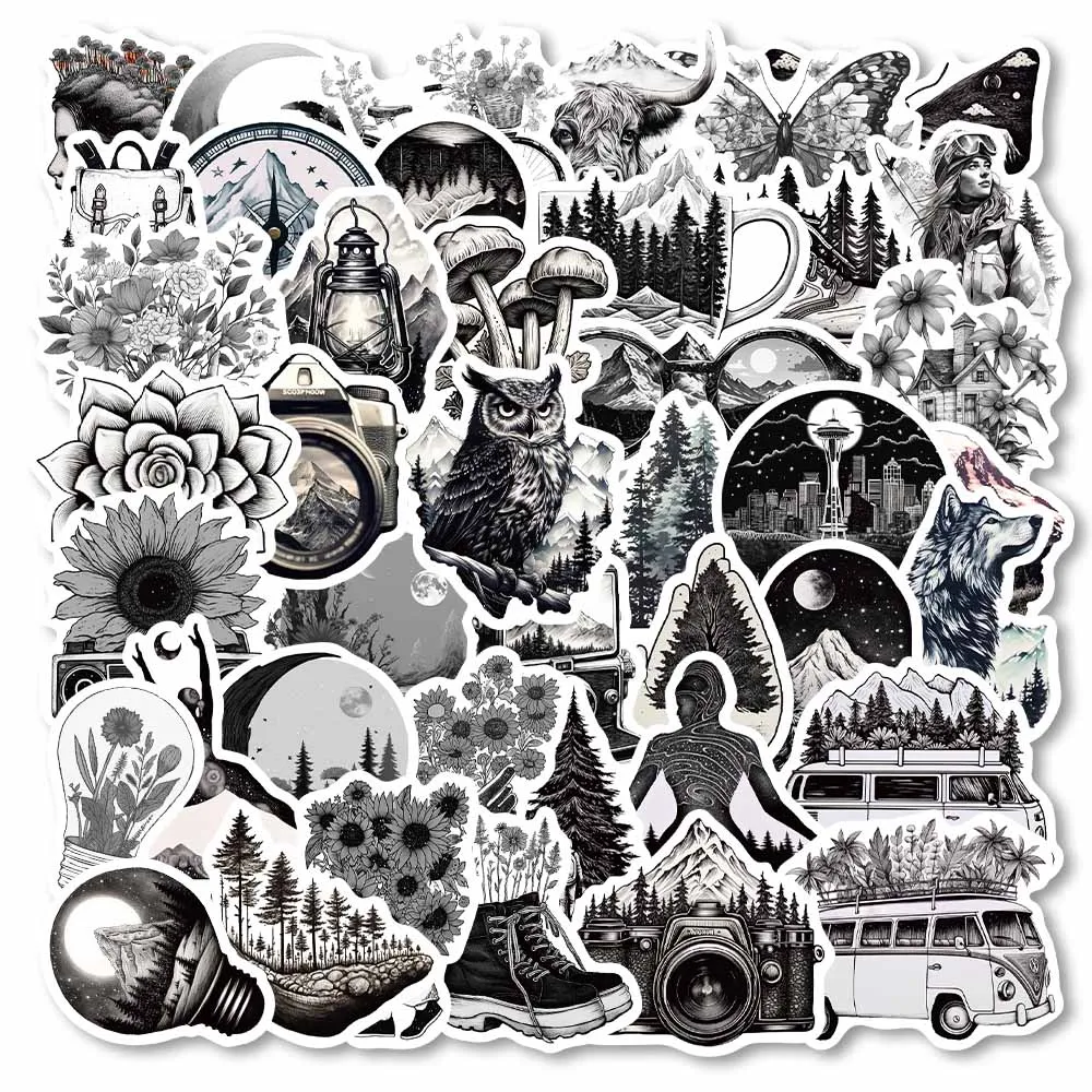 Ilustrações naturais Adesivos para crianças, turismo preto e branco, decalques DIY, bagagem de viagem, geladeira, laptop, grafite, 60pcs