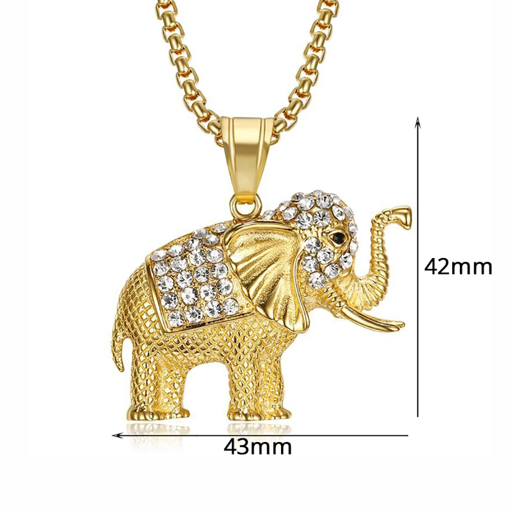 Hip Hop Iced Out Elephant Pendant Female Gold Color Stainless Steel Zirconia Animal Necklace for Women Men Luxury Jewelry Gift