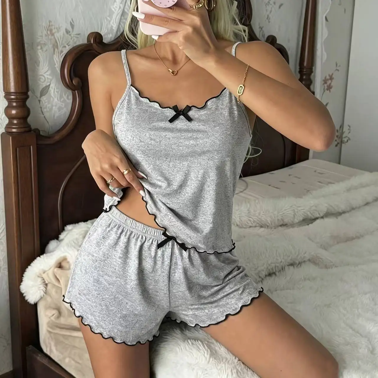 Summer Sleepwear Casual Strap Home Clothes Soft Comfortable Women's Set High Waist Shorts Sleeveless round Neck Two-Piece Suit