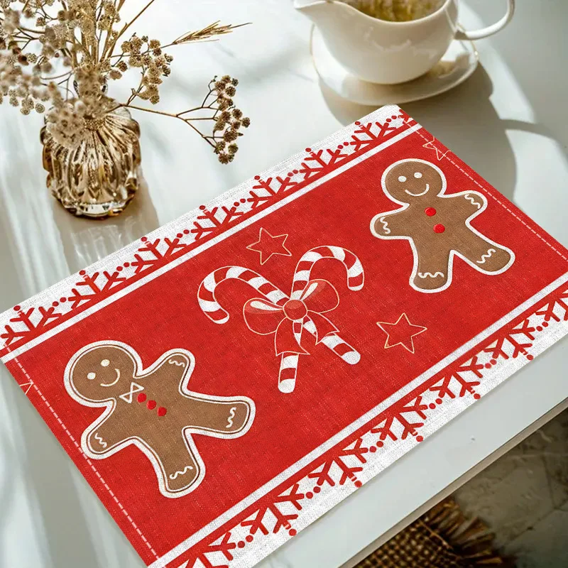 Christmas Linen Placemats Gingerbread Man Snowflake  Tree Prints Mat Tableware Insulating Waterproof Countertop Protective Mat