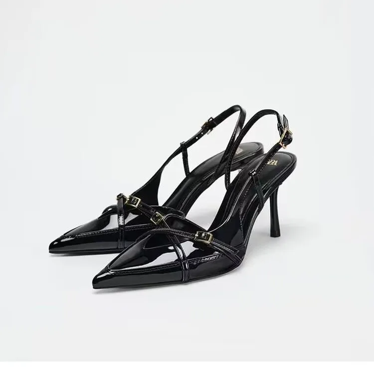 

Универсальные женские туфли на высоком каблуке во французском стиле, новые туфли на тонком каблуке с открытым носком и острым носком с перекрестной пряжкой