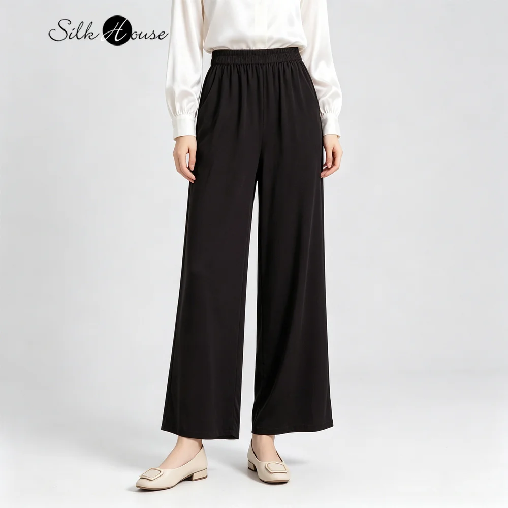 

2026 Women's Casual Summer New 100% Natural Mulberry Silk Crepe De Chine Deep Coffee Color Elastic Waist Straight Leg Pants