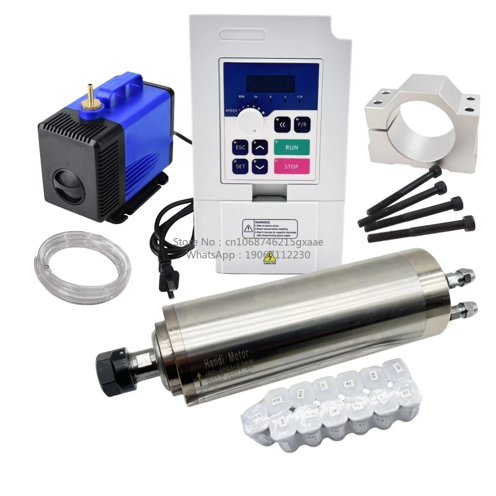 80MM 2.2KW ER20 Water Cooled CNC Spindle Motor Kit with Bearing VFD 80W Water Pump and Clamp Mount for CNC Machines