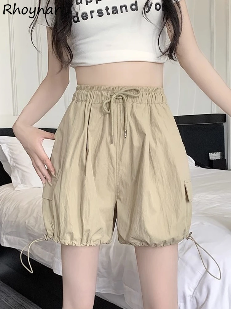 

Casual Cargo Shorts Women Lovely Trendy Pockets Lantern Lace-up Pleated Elastic Waist Fashion Soft Loose Simple Summer Students