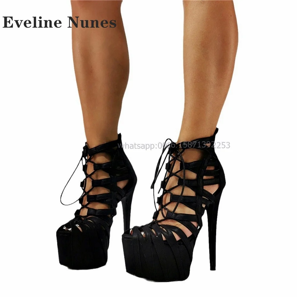 Black Cross Tied Platform Sandals Open Toe Stiletto Side Air Cover Heel Rome High Heels Sexy Runway Show Spicy Girl Shoes Summer