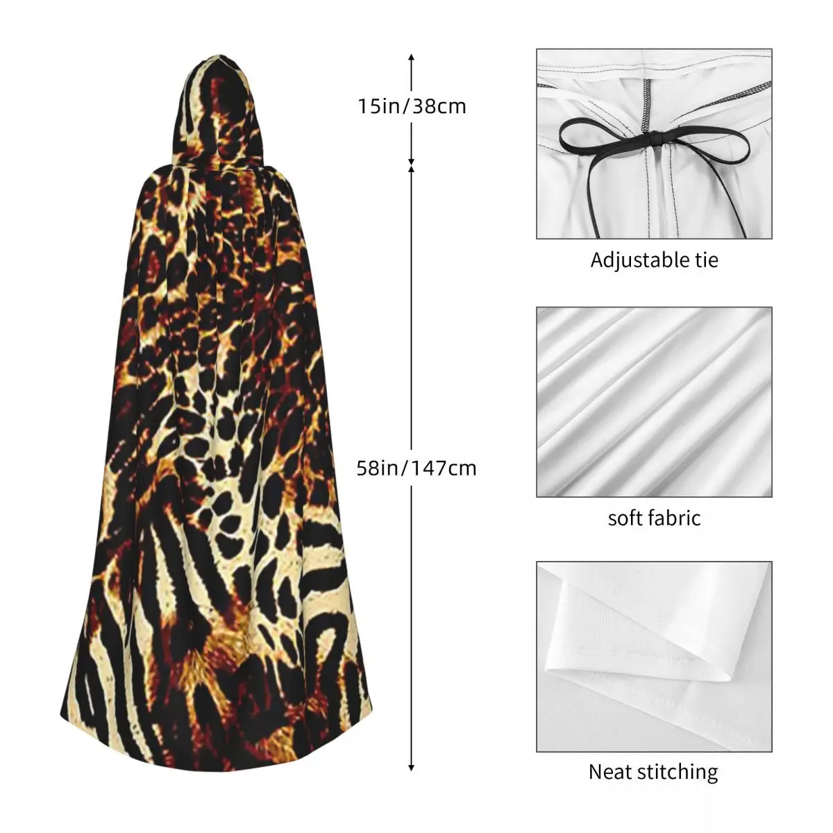 leopard skin Long Hooded Cloak Witch Medieval Costume Cosplay Cape HalloweenParty Adult Unisex
